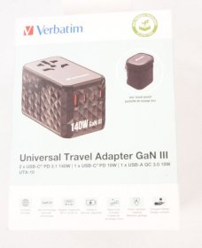 Verbatim Travelling Plug Set - Gan Iii Universal Travel Adapter Uta-10 With 2 X Usb-c Pd 140w & Qc 4+ - 2 X Usb-a Qc 3 00 - 32125