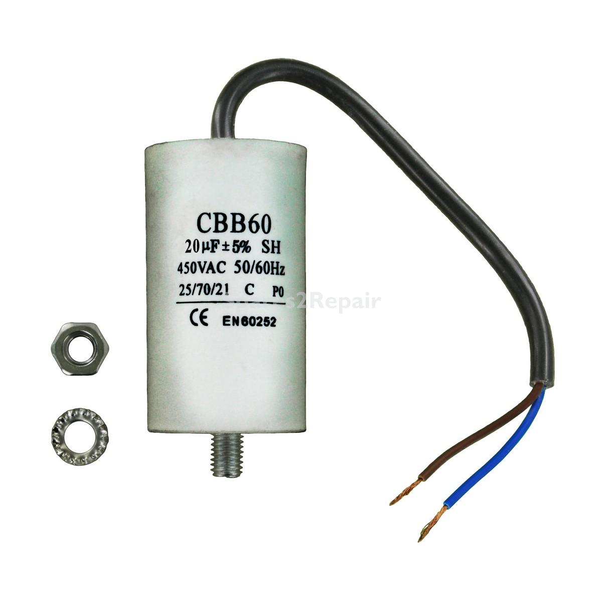 Universal Capacitor (20uF / 20MFD, 450VAC) with 19cm Cable Connectors